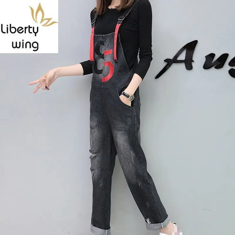 Herbst Neue Mode Frauen Lose Fit Denim Jeans Casual Loch Gerissen Overalls Weibliche Playsuits Europäischen Stickerei Große Größe 5XL