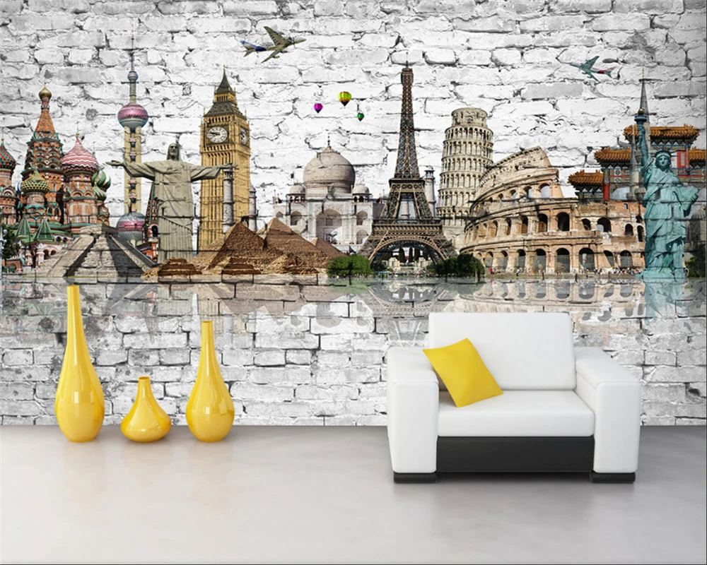 

Custom wallpaper mural home decoration living room bedroom brick wall painting world famous building 3d wallpaper