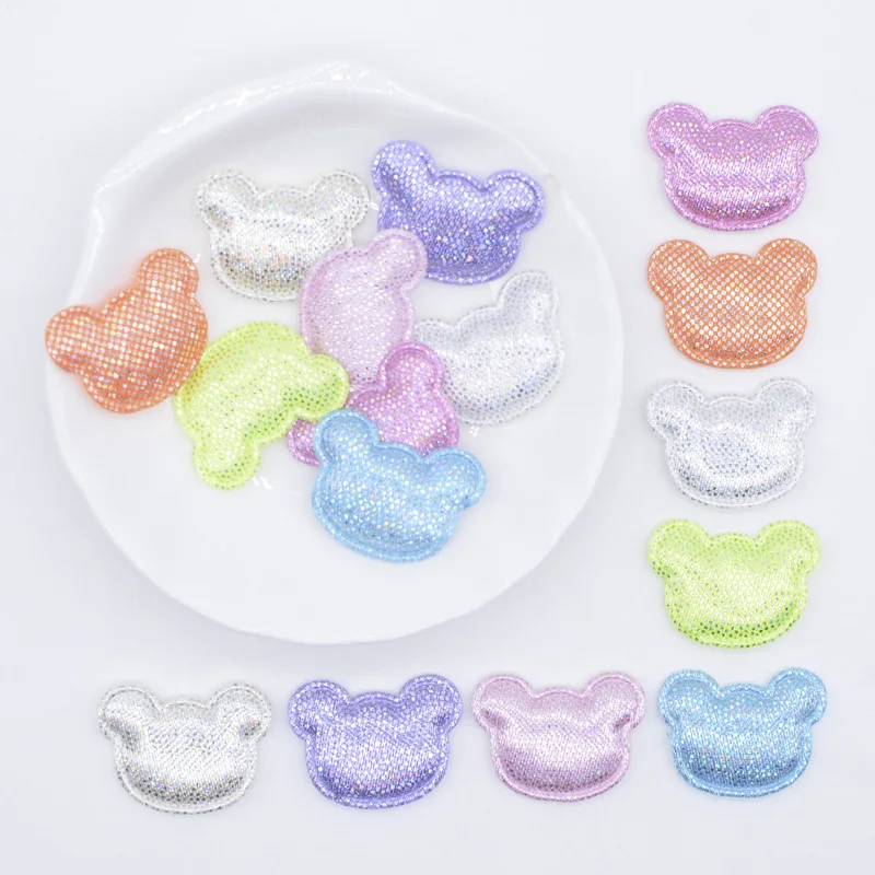 100Pcs 24*18mm Colorful Fabric Bear Head Applique Padded Patches for Wedding Festival Clothes Hat Headwear Hairpin DIY Decor