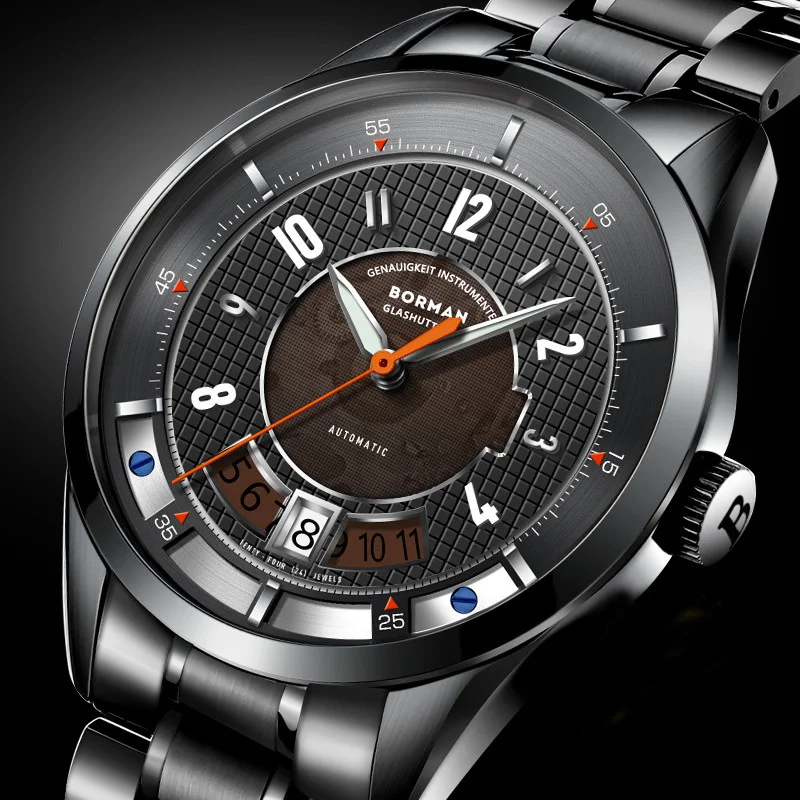 BORMAN Men Automatic Watch 41mm Mechanical WristWatch Lumnous 50M Waterproof Steel Strap With Calendar Window Skeleton