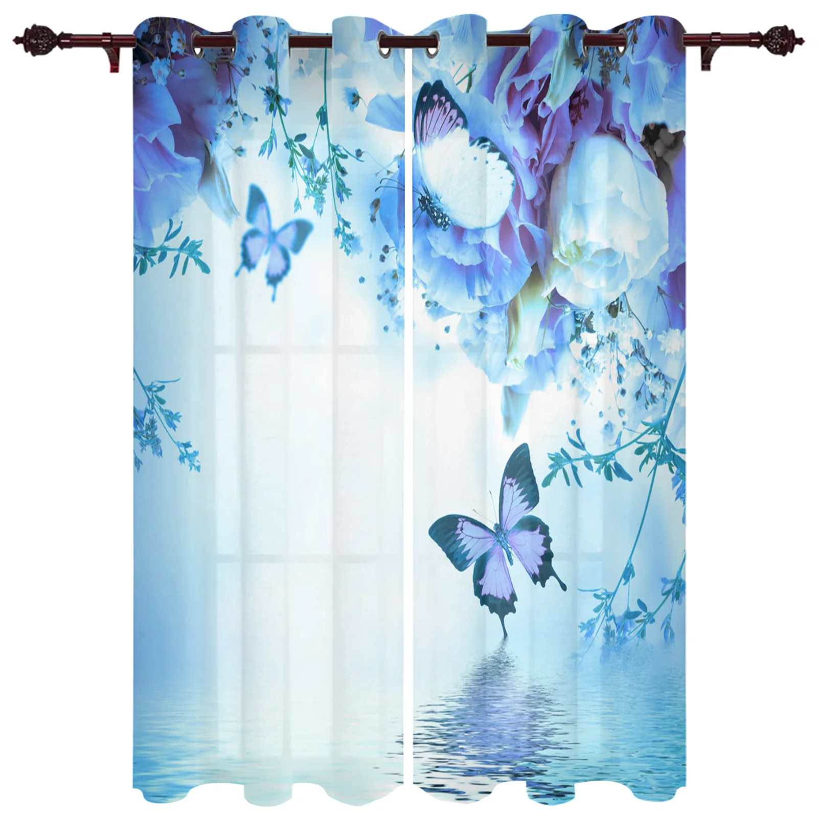 Butterfly Bouquet Blue Ripple Kitchen Curtain Kids Bedroom Living Room Balcony French Windows Curtain Fabric Pergola Bathroom