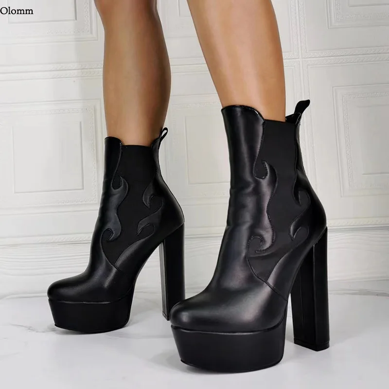 Olomm Handmade Women Winter Platform Ankle Boots Square High Heels Round Toe Elegant Black Club Shoes Women Plus US Size 5-15