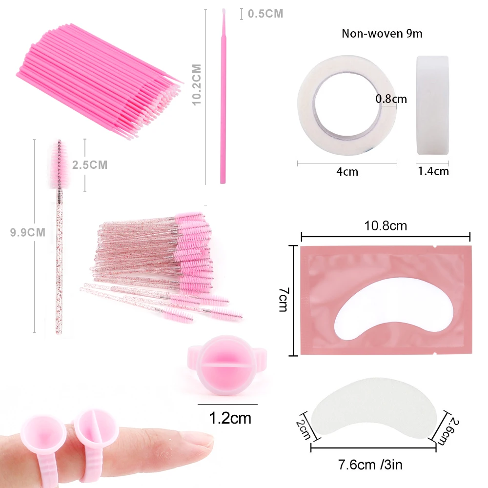 Kit d'extension de cils avec anneaux de colle, Micro brosse, patchs oculaires, baguettes de Mascara jetables, outils applicateurs