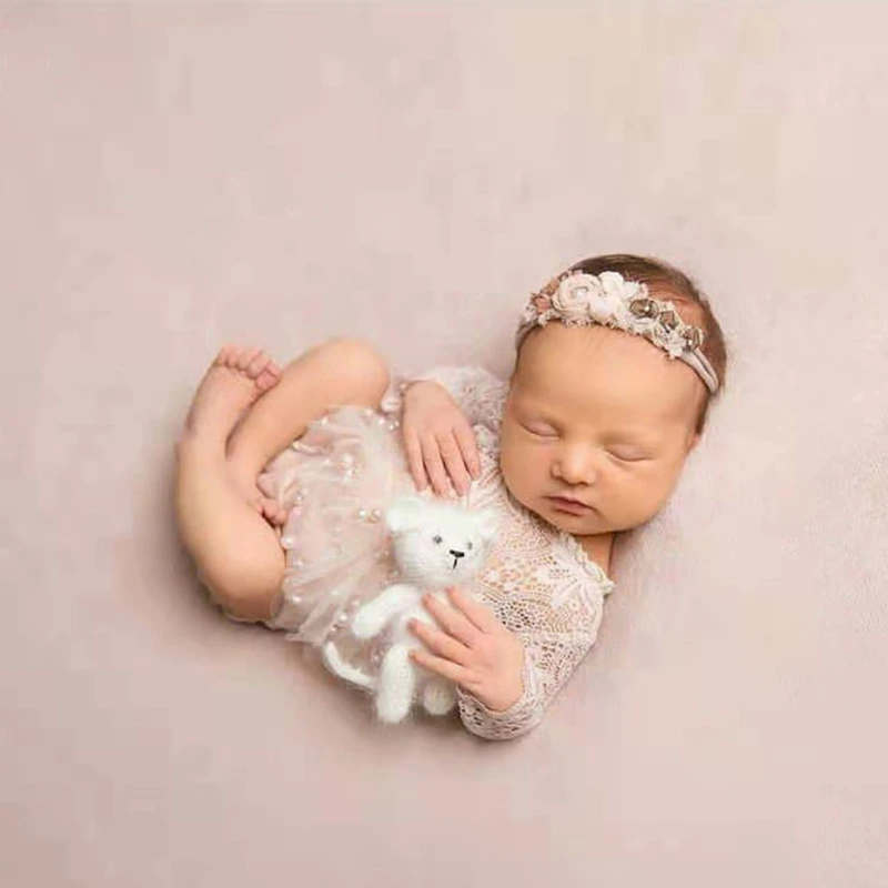 3 Pcs Newborn Photography Props Outfits Baby Lace Romper Headband Short Skirt Set Infants Photo Shooting Bodysuit