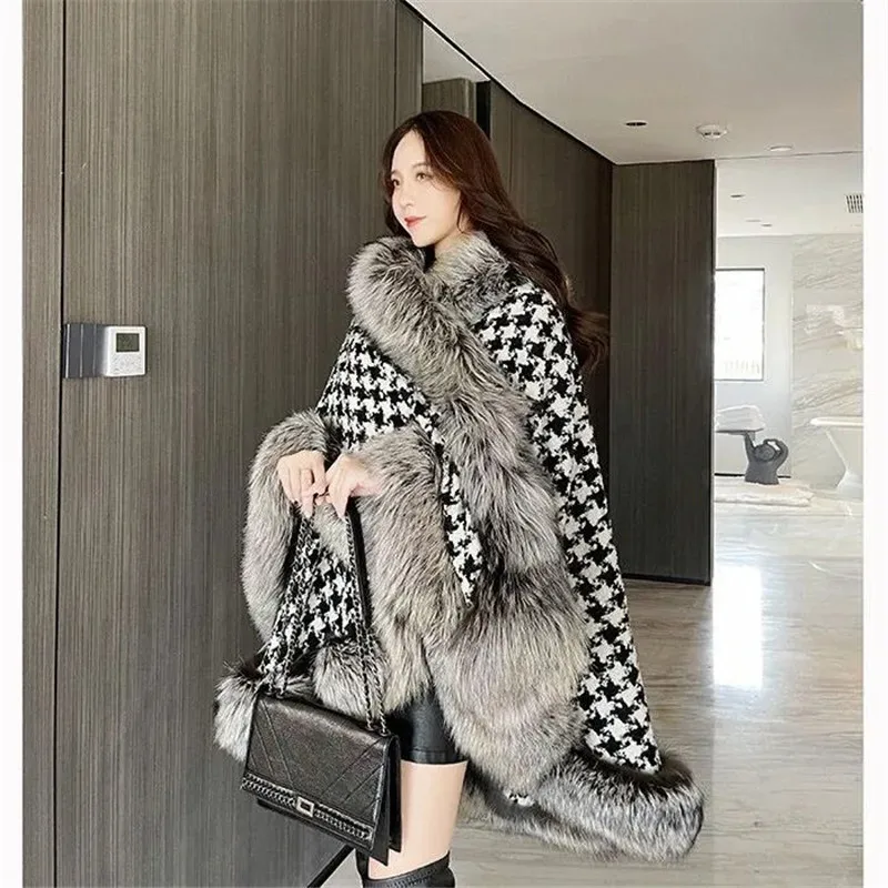 Harajuku Luxury Houndstooth Warm Cloak Coats Women Christmas Winter Fake fur Poncho Korean Plaid Outerwear Fox Fur Shawls Female