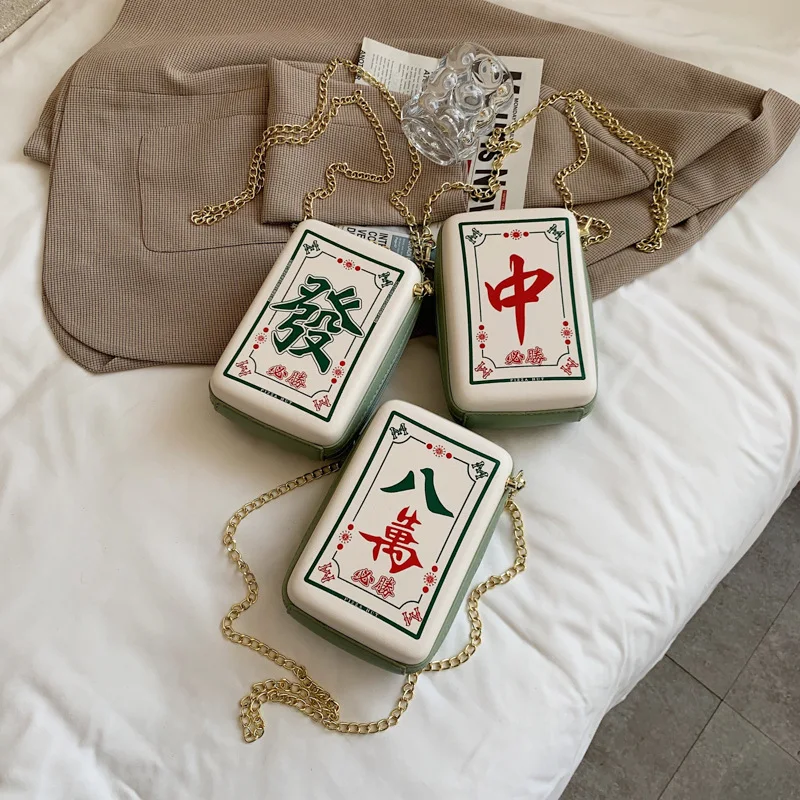 Kadınlar için yaratıcı çin Mahjong ilginç Crossbody çanta baskı moda zinciri omuzdan askili çanta Pu deri postacı çantası yeni