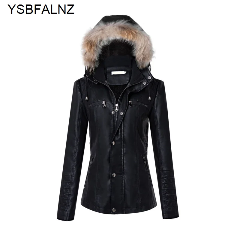 Hooded Warm Plus Fleece Leather Jackets Womens 2023 Removable Fur Collar Winter Female Fashion Coats Fashion Slim Chaquetas