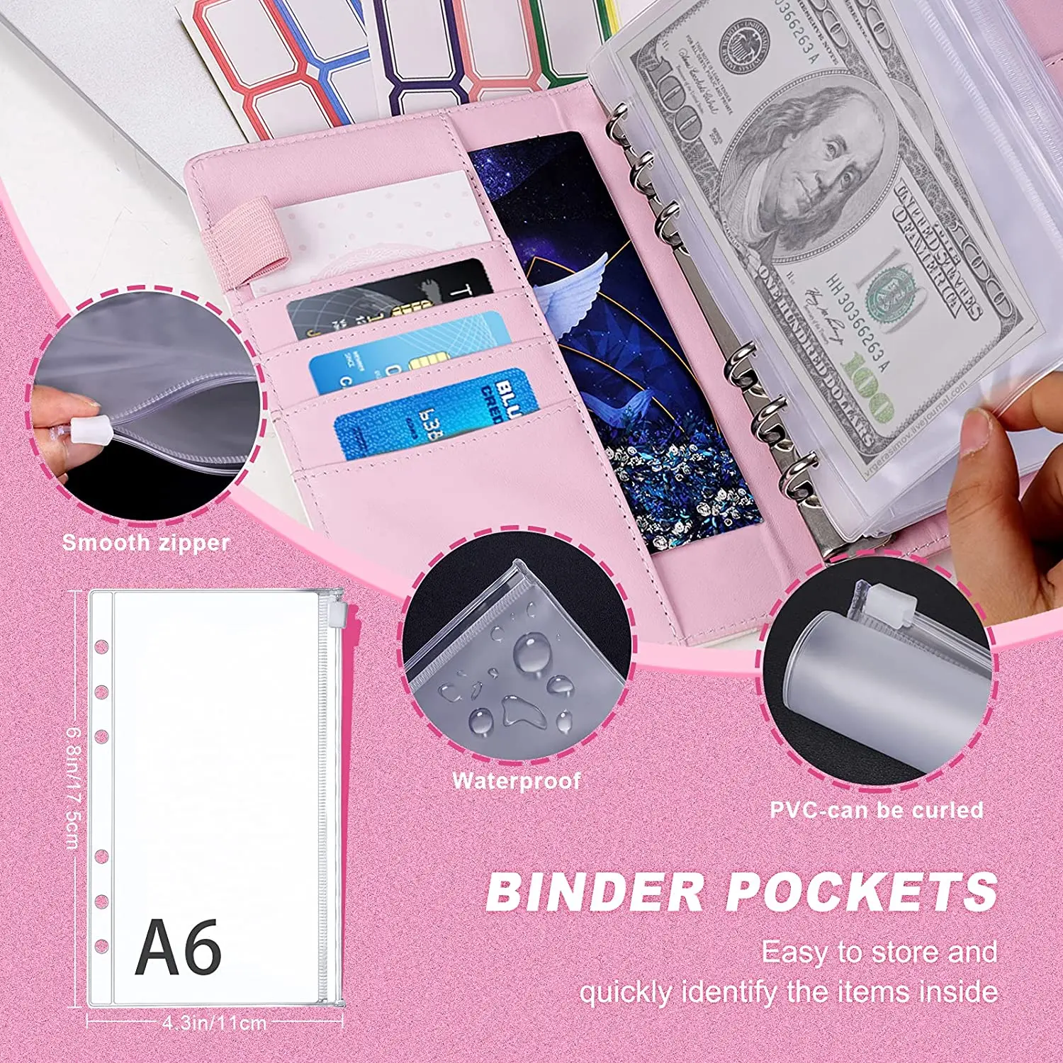 Expense Tracker Budget Sheets 60 Pcs with A6 6pc Binder Pocket 5pc Dividers 2pc Sticker Labels, Money Saving Organizer Budgeting