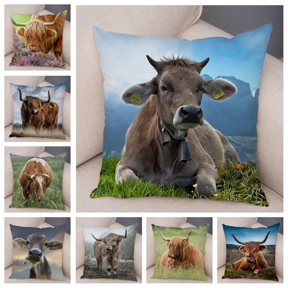 Scotland Kyloe Pillow Case Decor Wild Cow Colorful Animal Print Pillowcase Soft Short Plush Cushion Cover for Home Sofa 45x45cm