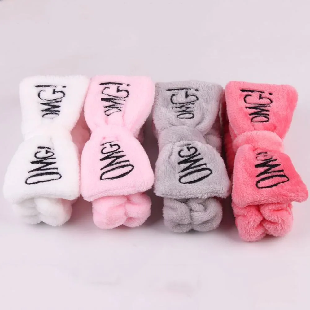 Women Headband OMG Letter Coral Fleece Hairband Wash Face Bow Hairband Women Girl Elastic Soft Turban Headwear Hair Accessories