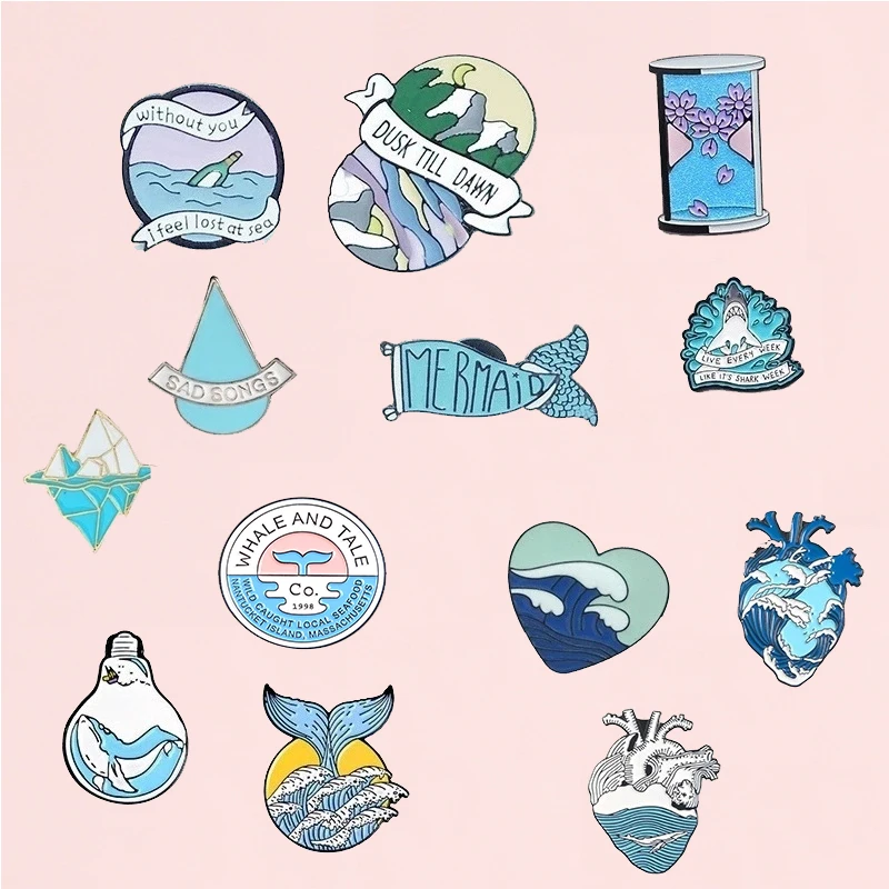 Ocean Collection Enamel Pin Marine Life Wave Brooch Lapel pin Denim Jeans shirt bag Pink cartoon Sea Jewelry gift for friends