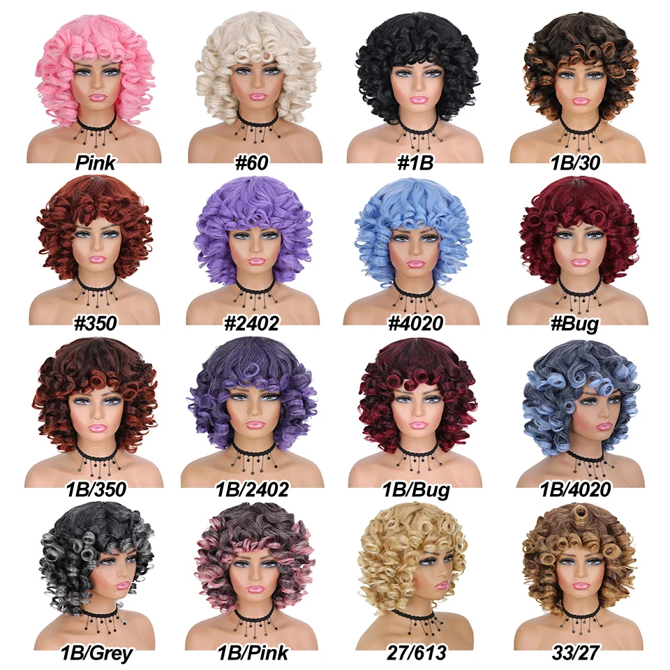 Korte Haar Afro Kinky Krullend Pruiken Met Pony Voor Zwarte Vrouwen Pluizige Synthetisch Afrikaanse Ombre Lijmloze Cosplay Natuurlijke Bruine Pruiken