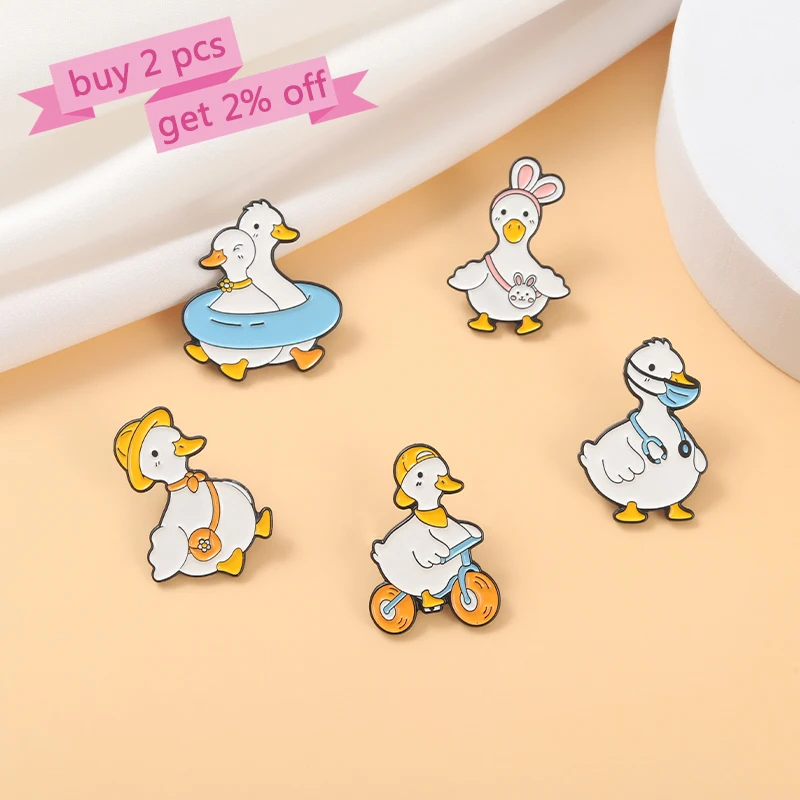 Lovely Animal Enamel Pin Custom Goose Duck Shopping Swim Cycling Brooch Bag Lapel Pin Cartoon Funny Badge Jewelry Gift for Kid