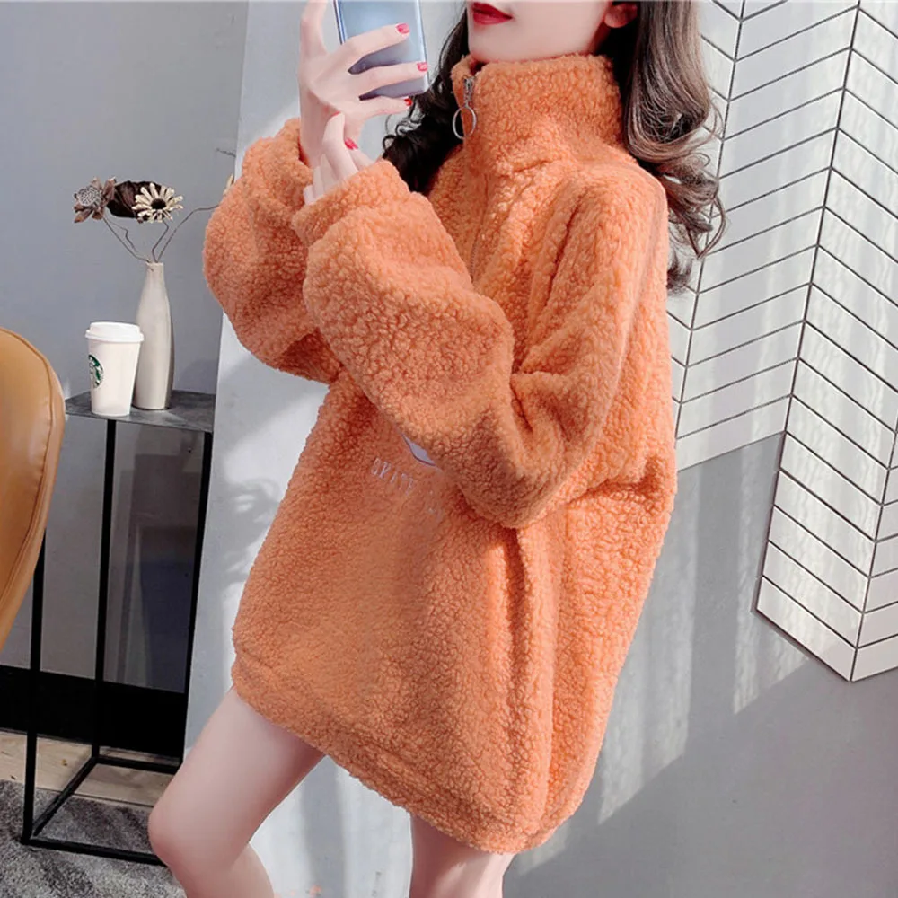 Women Fleece Pink Sweet Hoodie Korean Autumn Winter Fashion 2022 Ladies Pullovers Faux Lamb Fur Sweatshirt White Orange