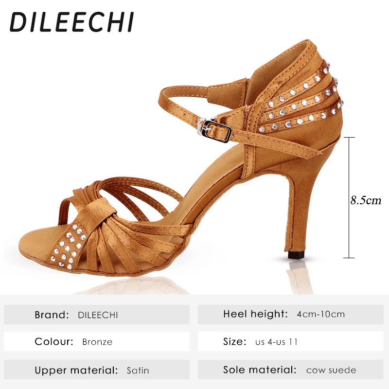 DILEECHI Latin Dance Shoes Women Bronze Black Satin Diamond Soft Bottom High-Heeled 8.5cm Salsa Party Ballroom Dancing Shoes