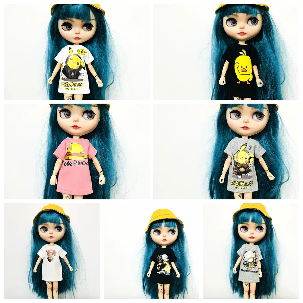 1PCSการ์ตูนเสื้อยืด1/6 Blythตุ๊กตาเสื้อผ้าคลาสสิกสีขาว/สีดำTพิมพ์เสื้อตุ๊กตาอุปกรณ์เสริม