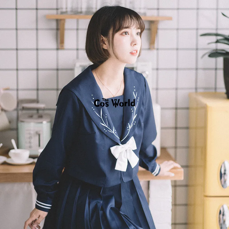 [Silver Tassel] Navy Blue Summer Navy Sailor Suit Tops Skirts JK High School Uniform Class Uniform Students Cloth