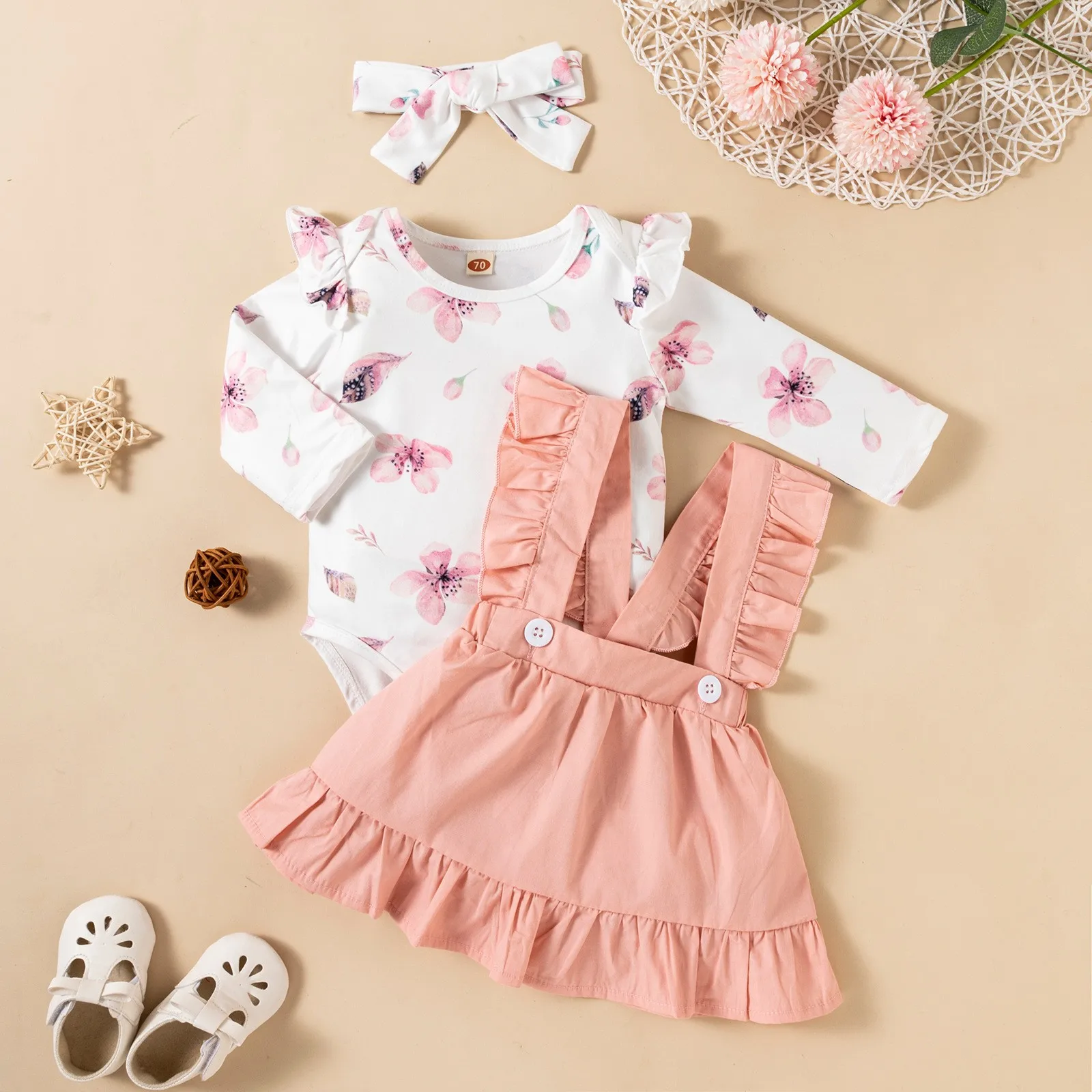 

3PCS Newborn Infant Baby Girls Clothing Set 2022 Spring Summer Flying Sleeves Romper+Skirt+Headband New Bebe Girl Clothes 0-24M