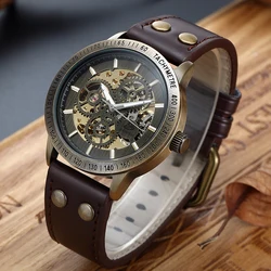 New Brown Strap Retro Steampunk orologio meccanico da uomo locomotiva Gear letteral Automatic orologi da polso maschili Relogio Masculino