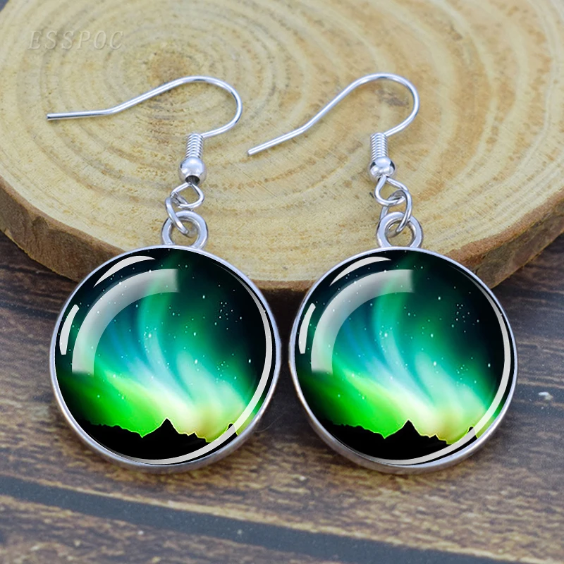 Northern Lights Art Picture Glass Cabochon Dangle Earring Alloy Drop Earrings Glass Cabochon Ear Jewelry