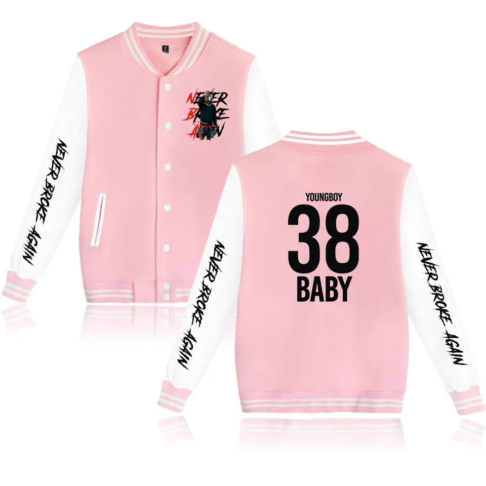 

Rap YoungBoy Never Broke Again Baseball Uniform Fleece Jacket Women Men Streetwear Hip Hop Long Sleeve Pink Hoodie Sweatshirts