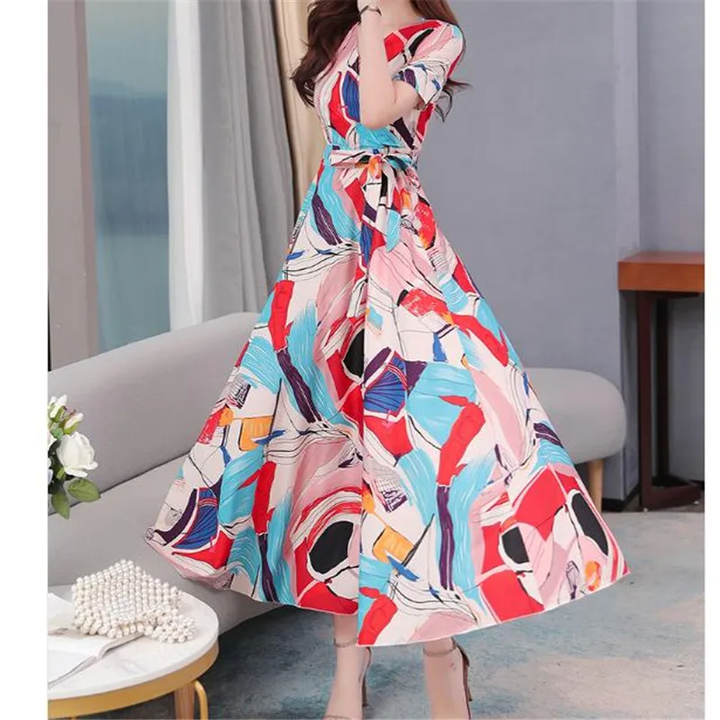 A-Line Loose Dresses 2020 summer new printed chiffon Dress Short sleeve waist V-neck was thin Print Big swing dress