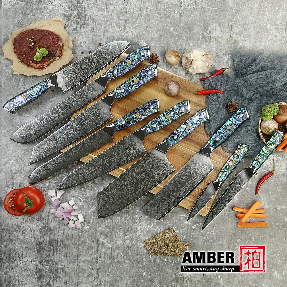 Amber Damascus Knife Professional Kitchen Chef Utility Santoku Steak Boning Cleaver Knives Japanese knife Abalone Shell Handle