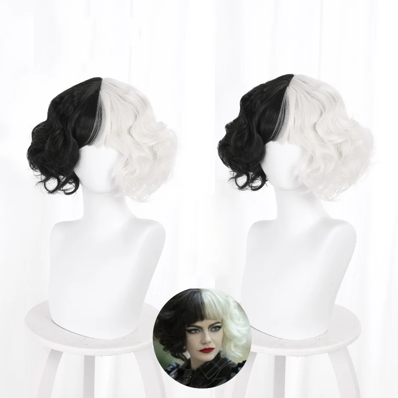 CRUELLA de Vil corto rizado negro blanco Sra. Spot Hair Deville Dalmations pelucas de disfraz de Cosplay resistentes al calor + gorro de peluca