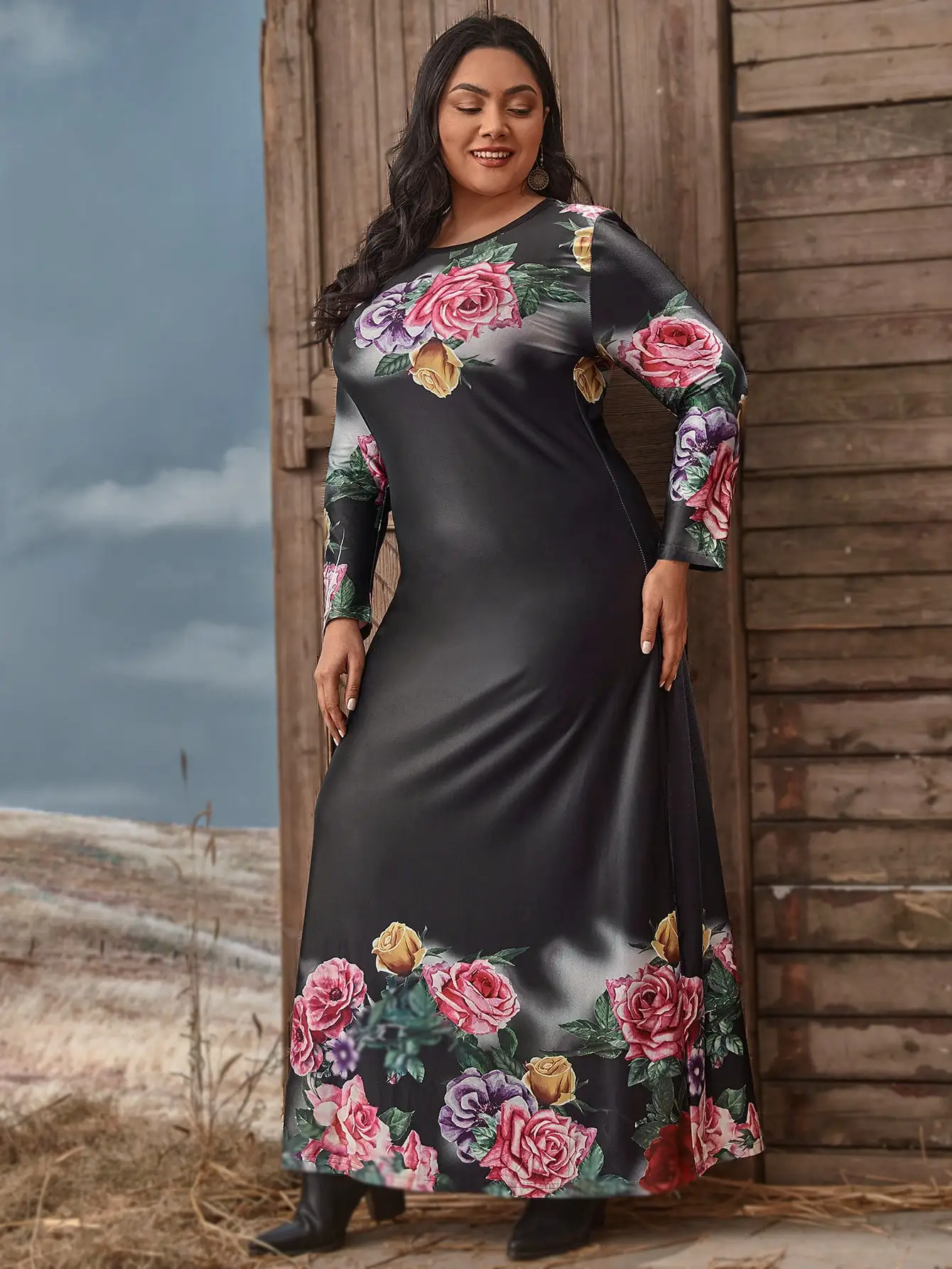 Autumn Winter Dress Women Long Sleeve Rose Floral Print Casual Dress Black Maxi Long Dresses Plus Size Women Clothing