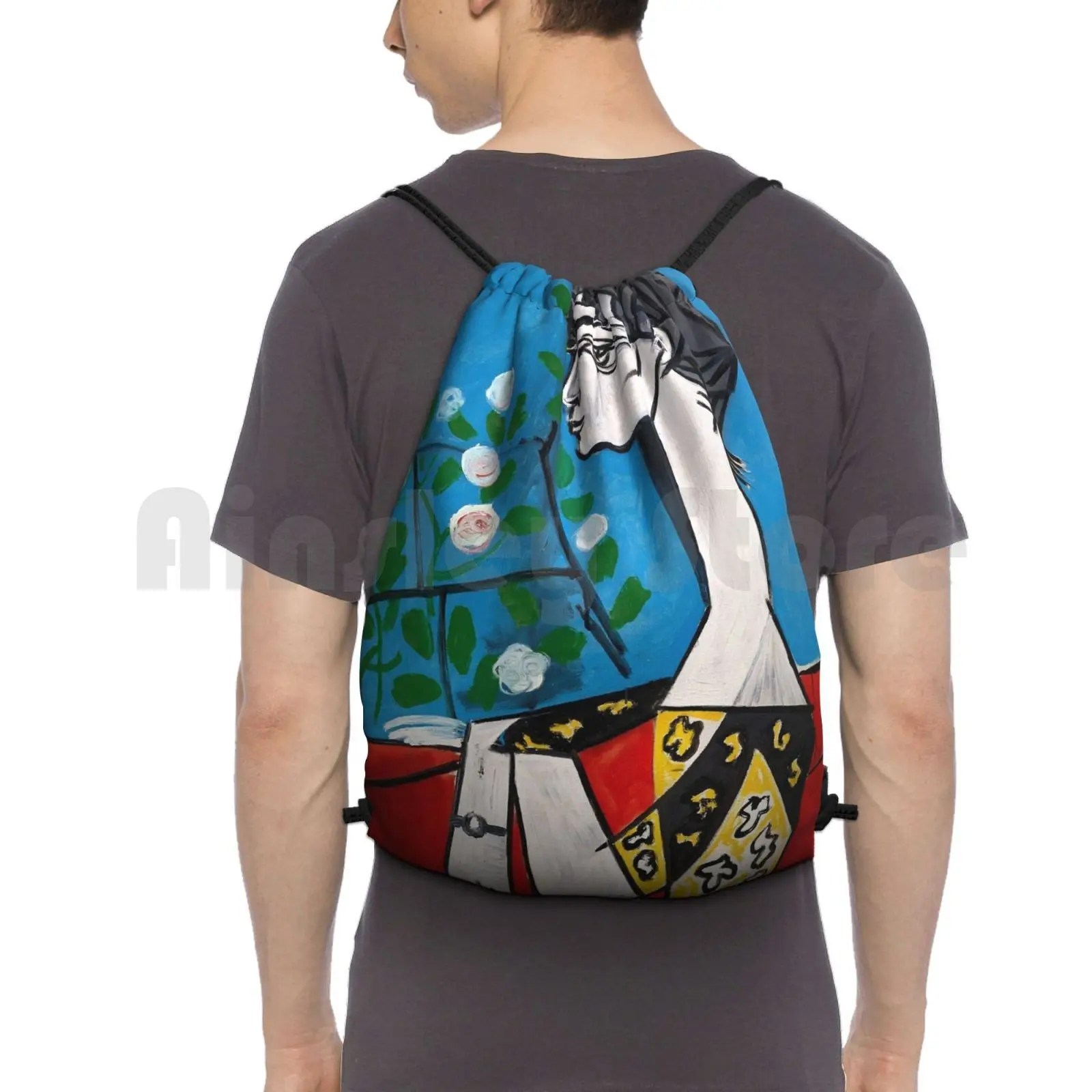 Pablo Picasso Portrait Jacqueline With Flowers Wall Art Red And Blue Backpack Drawstring Bags Gym Bag Waterproof Pablo