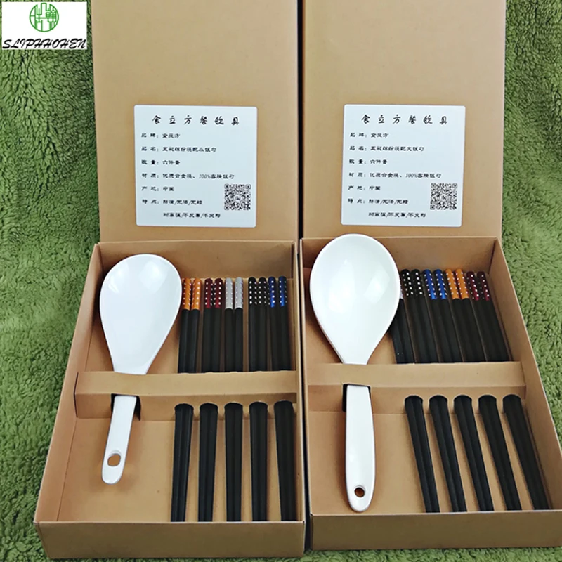 High Quality Alloy Chopsticks Six Piece Set Five Pairs Of Long Stick One Rice Spoon A5 Melamine Tableware Home Gifts