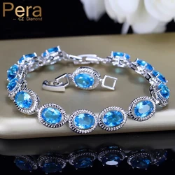 Pera African Nigerian Women Costume Light Blue Big Round Surrounded Cubic Zirconia Silver Color Bangle Bracelets for Gift B080