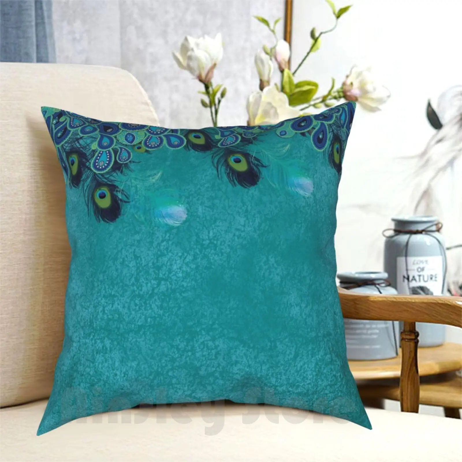 Teal Peacock , Paisley , Feather , Blue , Aqua Pillow Case Printed Home Soft DIY Pillow cover Teal Peacock Paisley Feather