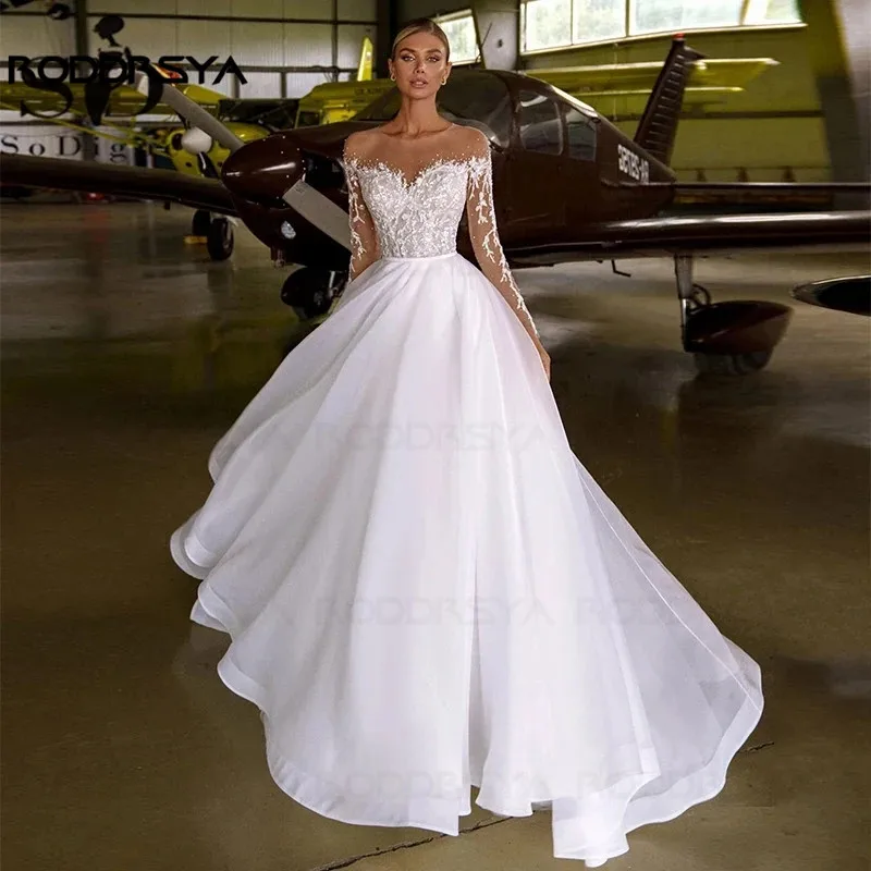 Organza Hochzeit Kleider Für Frauen 2021 Spitze Applique Perlen Oansatz Langarm Hochzeit Kleid Strand Brautkleider – Detail 8