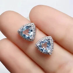 100% Natural Aquamarine Stud Earrings for Party 6mm Trillion Cut Aquamarine Earrings 925 Silver Aquamarine Jewelry