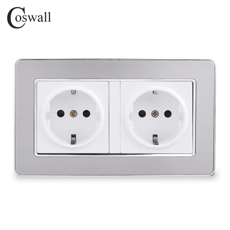 COSWALL 16A Double EU Standard Wall Socket Luxury Power Outlet Grounded Stainless Steel Panel With Children Protective Door