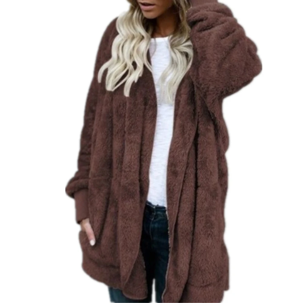 Loose Winter Women Solid Color Plush Faux Fur Warm Long Sleeve Hooded Female Jacket Midi Coat Cardigan 4 Colors