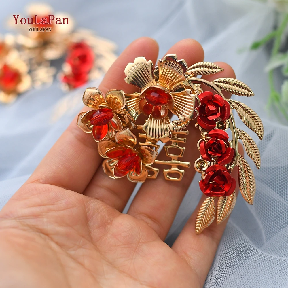 YouLaPan X28 Bride High Heels Clips Chinese Wedding Shoes Buckle Alloy Flower Shoes Clips Accessories Red Rose Shoe Buckle