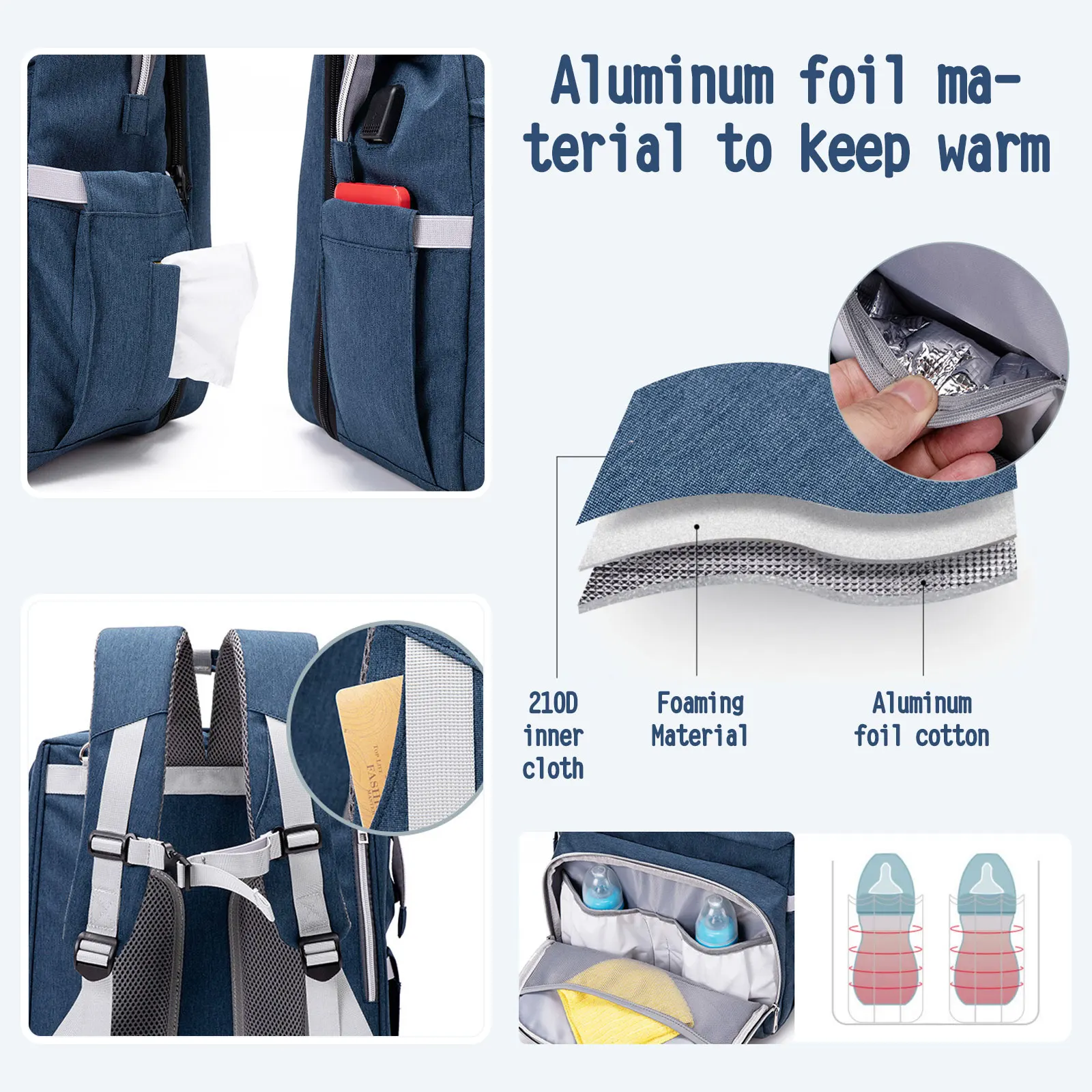 Mochila impermeable multifunción para mamá, bolsa de pañales portátil de gran capacidad con cambio de cama de bebé, cuna y mosquitera