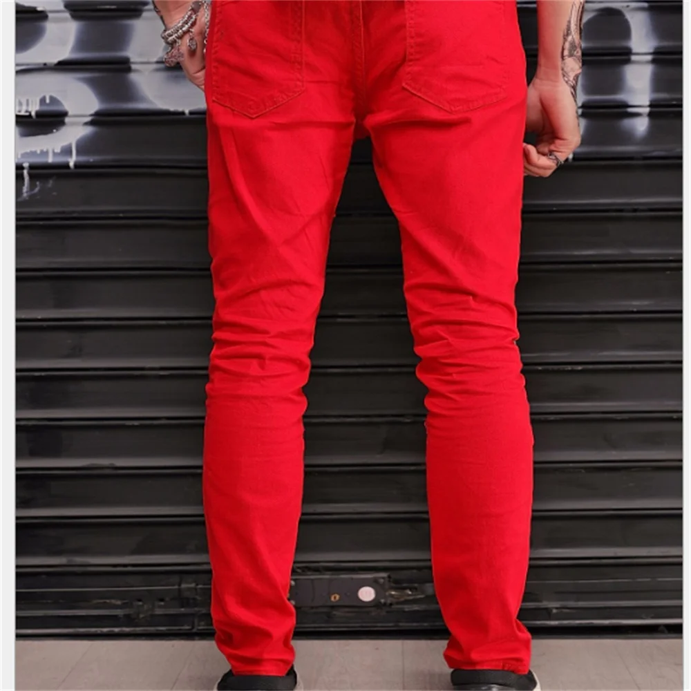 EH · MD®Homme rayé Denim pantalon mode tendance coupe à travers fermeture éclair décoration Multi poche 2020 rouge mince jeans décontractés marée