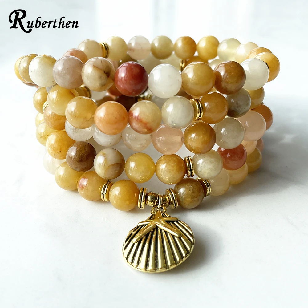 Ruberthen Natural Yellow Agate 108 Mala Bracelet New Design Women`s Yoga Spiritual Mala Necklace High Quality Starfish Jewelry