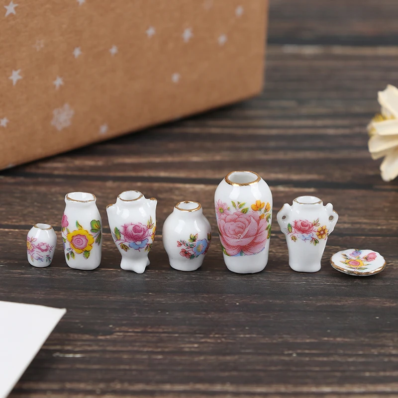 

New Arrival 7 Pcs Mini 1:12 Dollhouse Miniature Porcelain Flower Vase Dolls House Accessories 1~2.5cm