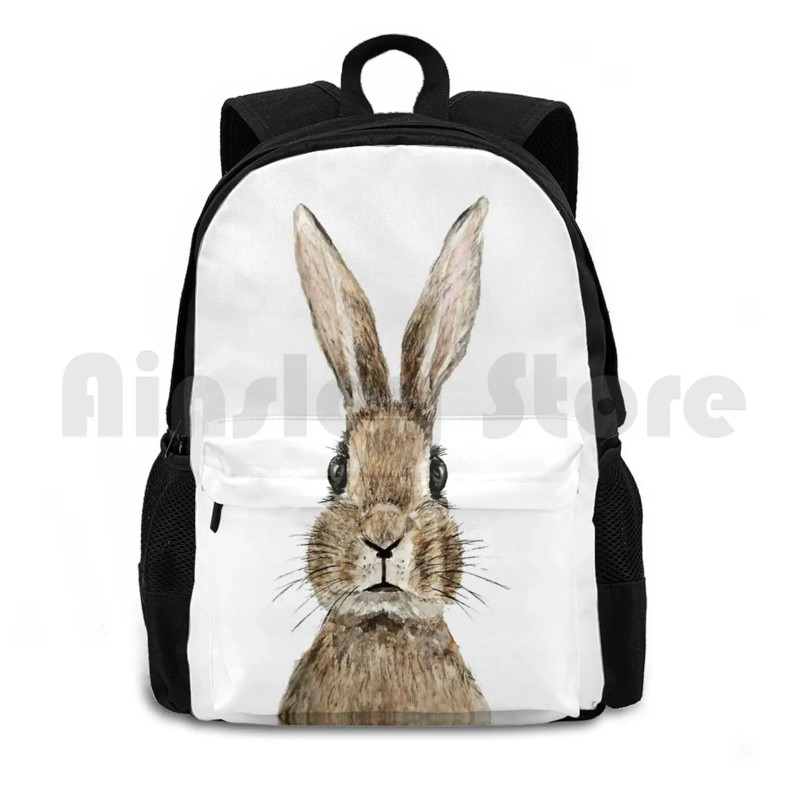 Cute Innocent Rabbit Watercolor Outdoor Hiking Backpack Waterproof Camping Travel Minimalist Painting Animal Painting