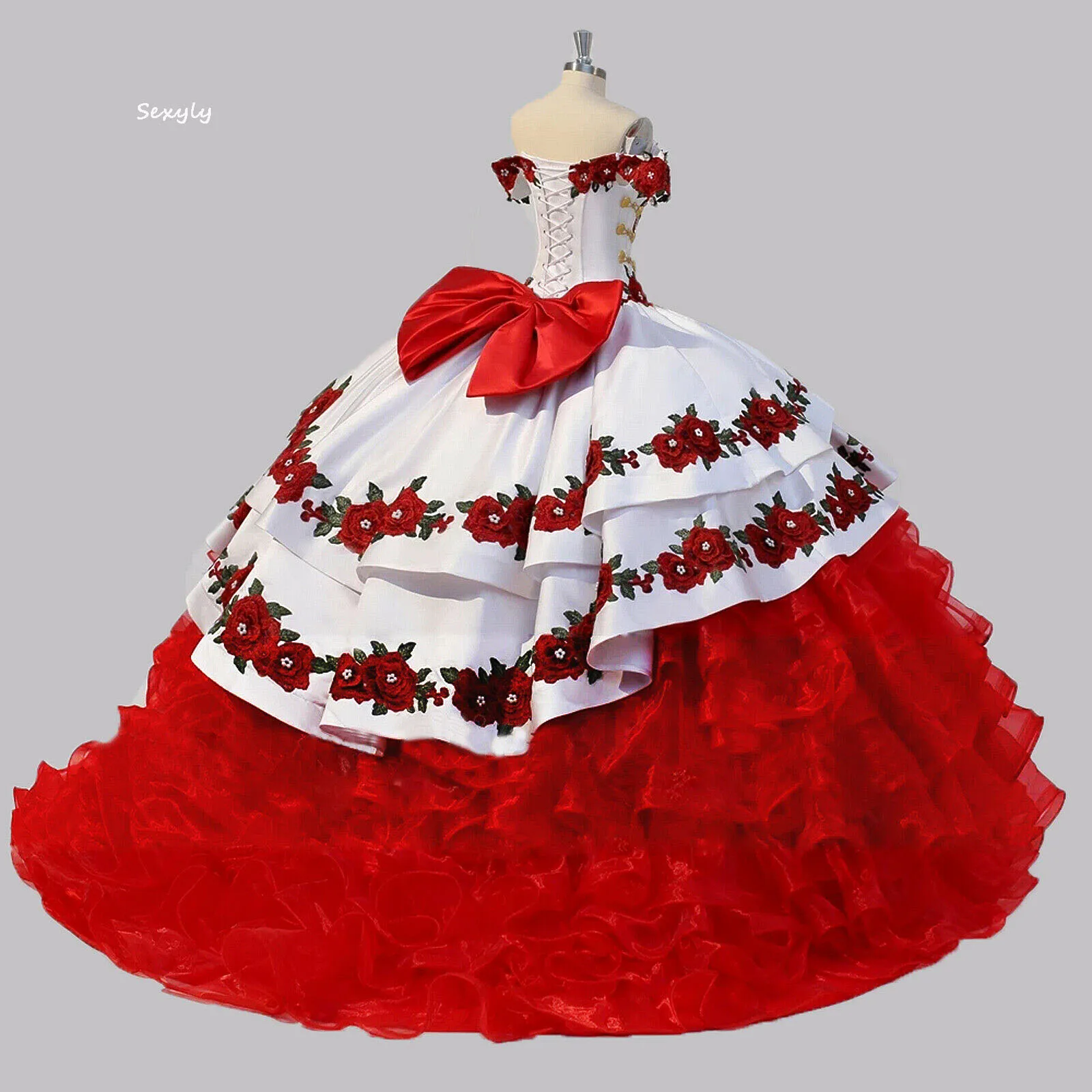 Robe Quinceanera bleue mexicaine à fleurs, robe de bal à épaules dénudées, Corset doux à volants en Organza, 16 pièces, 2022