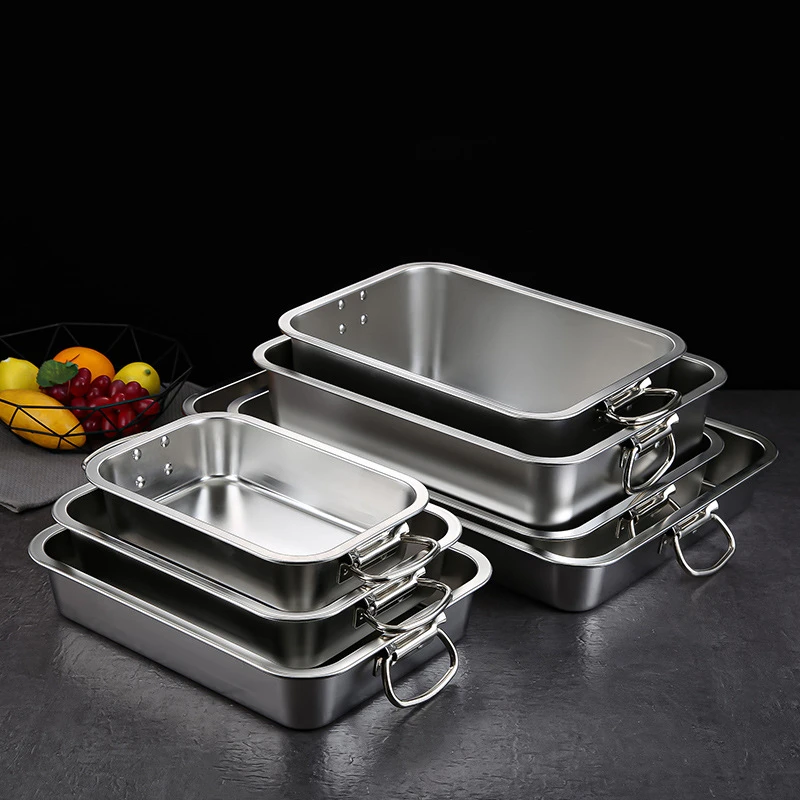 Thicken Stainless Steel Square Basin Deep Plate Fruit Food Storage Tray with Handle Cake Bread Loaf Pans Kitchen Baking Dish