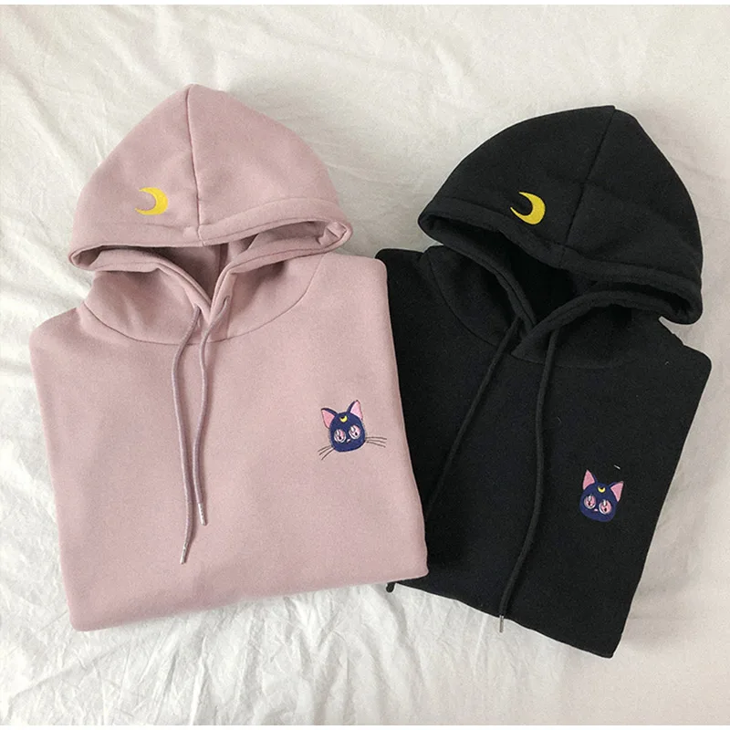 Women Sweatshirts Sailor Moon Cat Pink Embroidered Hoodies Female Kawaii Korean 2020 Spring Loose Sweatshirt Hooded Pullovers