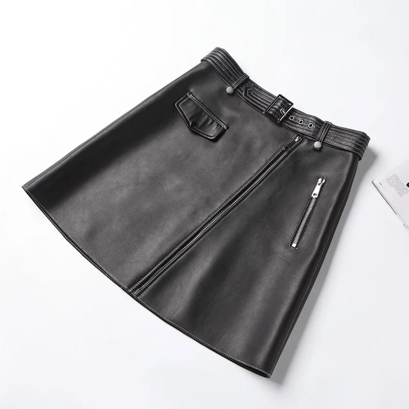 

Womens Genuine Leather Skirt Real Natural Skeepskin High Waist Office Ladies Work Wear Vintage A-Line Mini Short Skirts Female