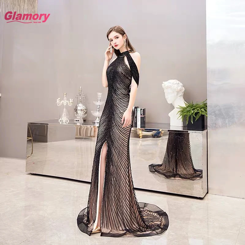 ทอง Heavy Beading สูงแขนสั้นเซ็กซี่ Mermaid ชุดเดรสสุดหรูชุดราตรี Gowns สำหรับผู้หญิง