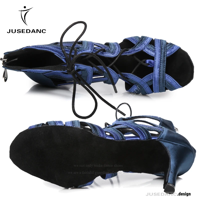 JuseDanc-zapatos de baile latino cómodos, botas latinas, zapatillas de baile, zapatos de tacón alto azul y negro, suela suave con cordones