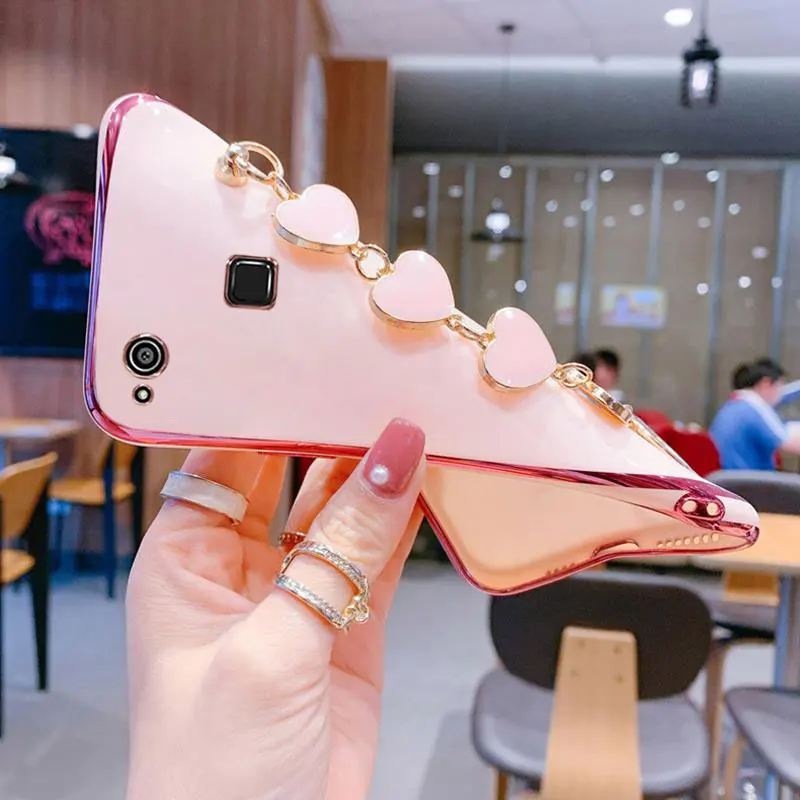 Capa protetora para celular, pulseira de pulso, luxuosa, corrente de coração, revestida, capa para huawei p10 lite plus